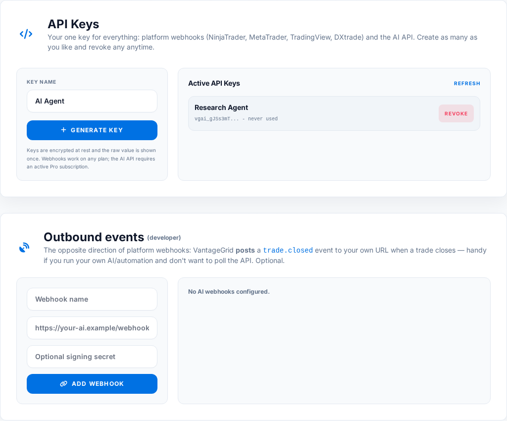 Account API Keys page showing key generation, active masked keys and outbound AI webhook configuration.