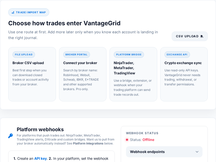 Account Connect page showing CSV upload, broker portal, platform bridge and crypto exchange sync routes.