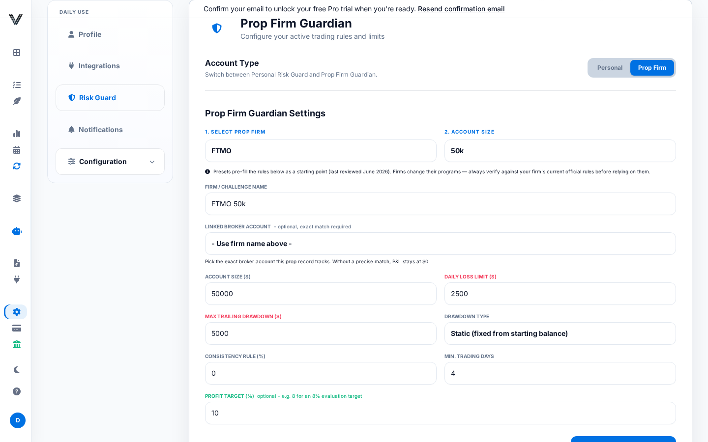 Account Settings Risk Guard tab in Prop Firm mode with the FTMO 50k preset applied, showing account size, daily loss limit, max trailing drawdown, drawdown type and profit target.