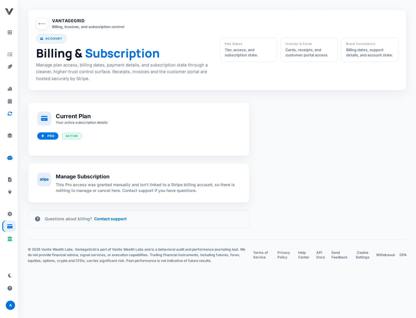 VantageGrid billing page showing Pro subscription status and billing management.