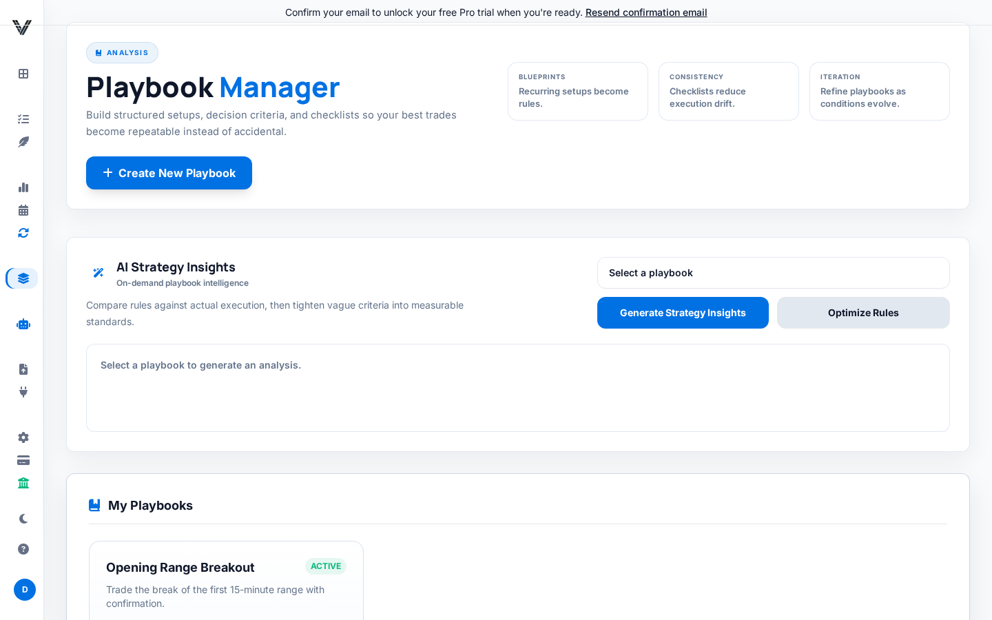 VantageGrid Playbooks page showing the AI Strategy Insights panel and a saved Opening Range Breakout playbook.